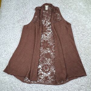 White + Warren Linen Crochet Cardigan Duster Vest Sweater Brown